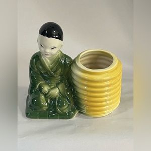 Asian Man Sitting By Yellow Planter Ceramic Made in USA Vintage